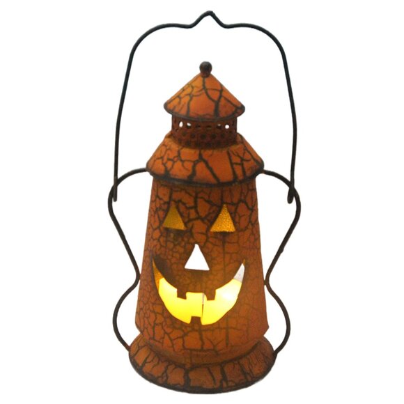 Halloween Jack-O-Lantern Metal Candle Holder with Handle Rustic Indoor Outdoor - Picture 1 of 2